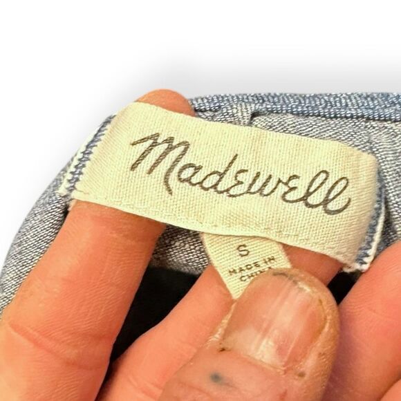 MADEWELL Women’s Blue Chambray Linen Cotton Cold Shoulder Tie Sleeve Mini Dress - Picture 4 of 7